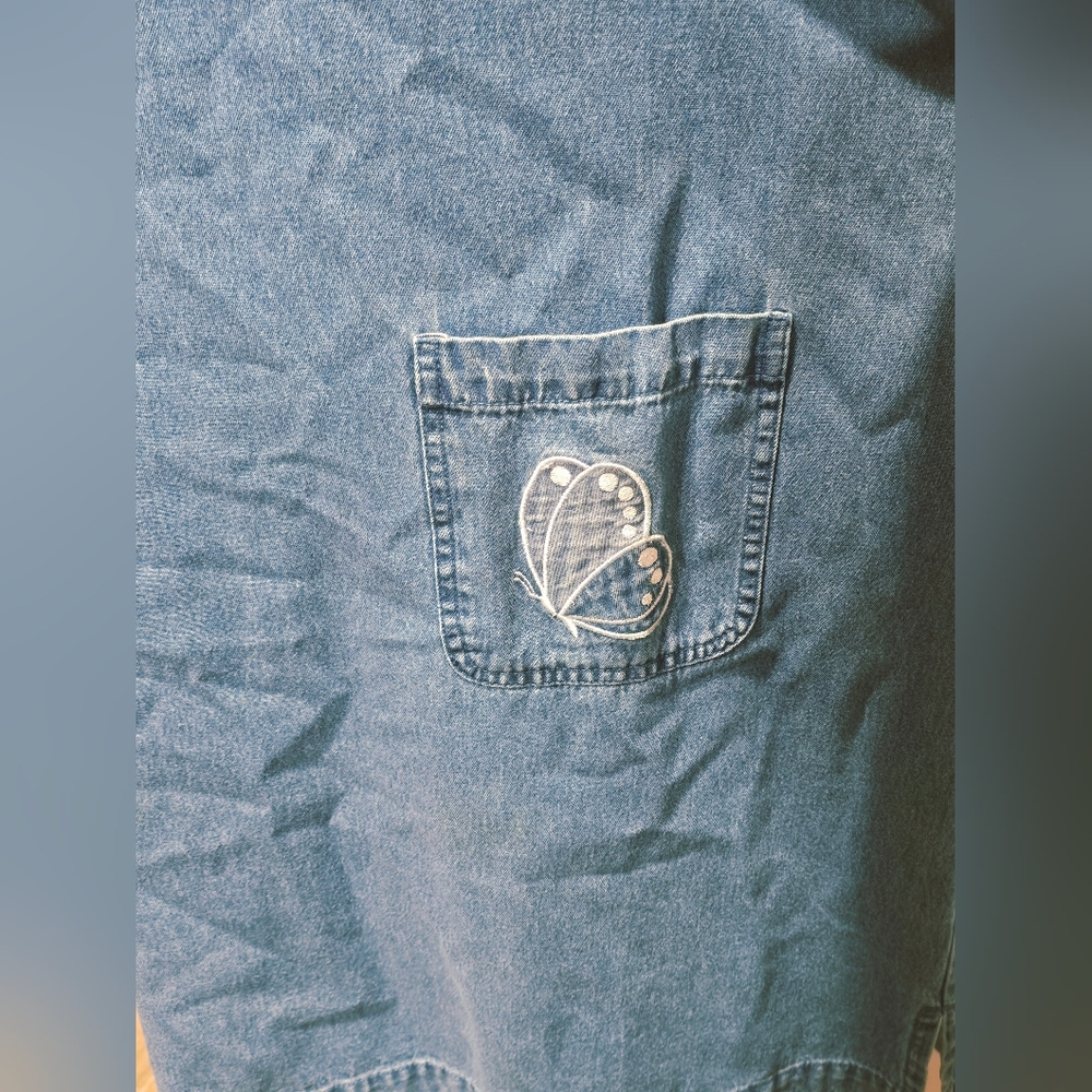 Vintage C.B. Casual Blue Denim Chambray Shift Dress Embroidered Butterflies - Picture 6 of 8